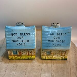 Vtg God Bless Our Mortgaged Home House Figural Salt & Pepper Shakers S & P Set